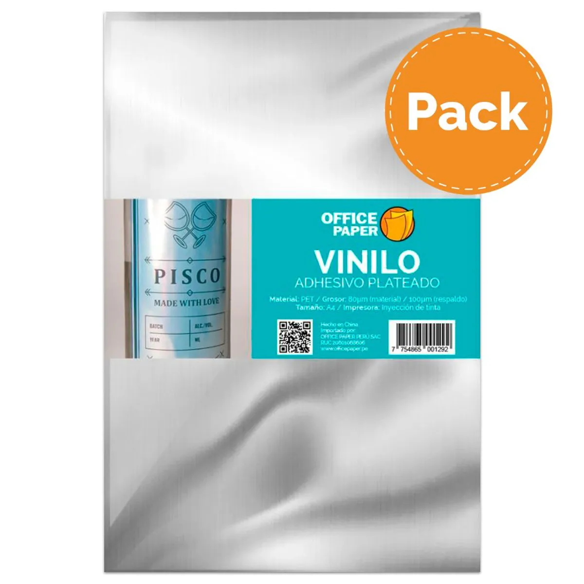OFFICE PAPER - Vinilo Adhesivo Plateado por 05 Hojas A4 Pack x4