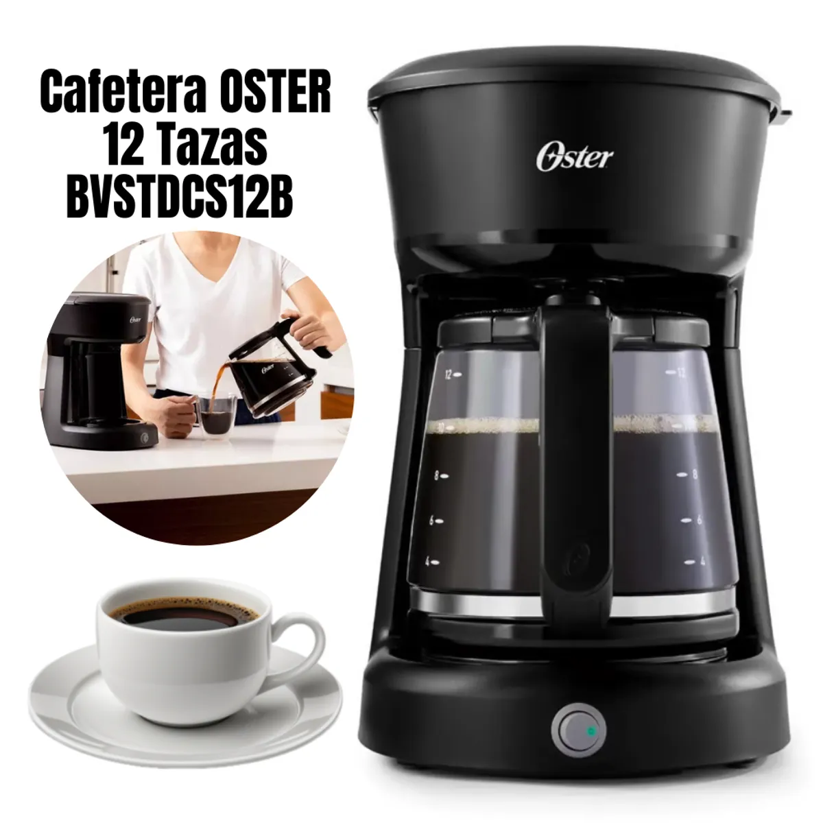 OSTER - Cafetera Oster De 12 Tazas Con Filtro Permanente ON/OFF BVSTDCS12B