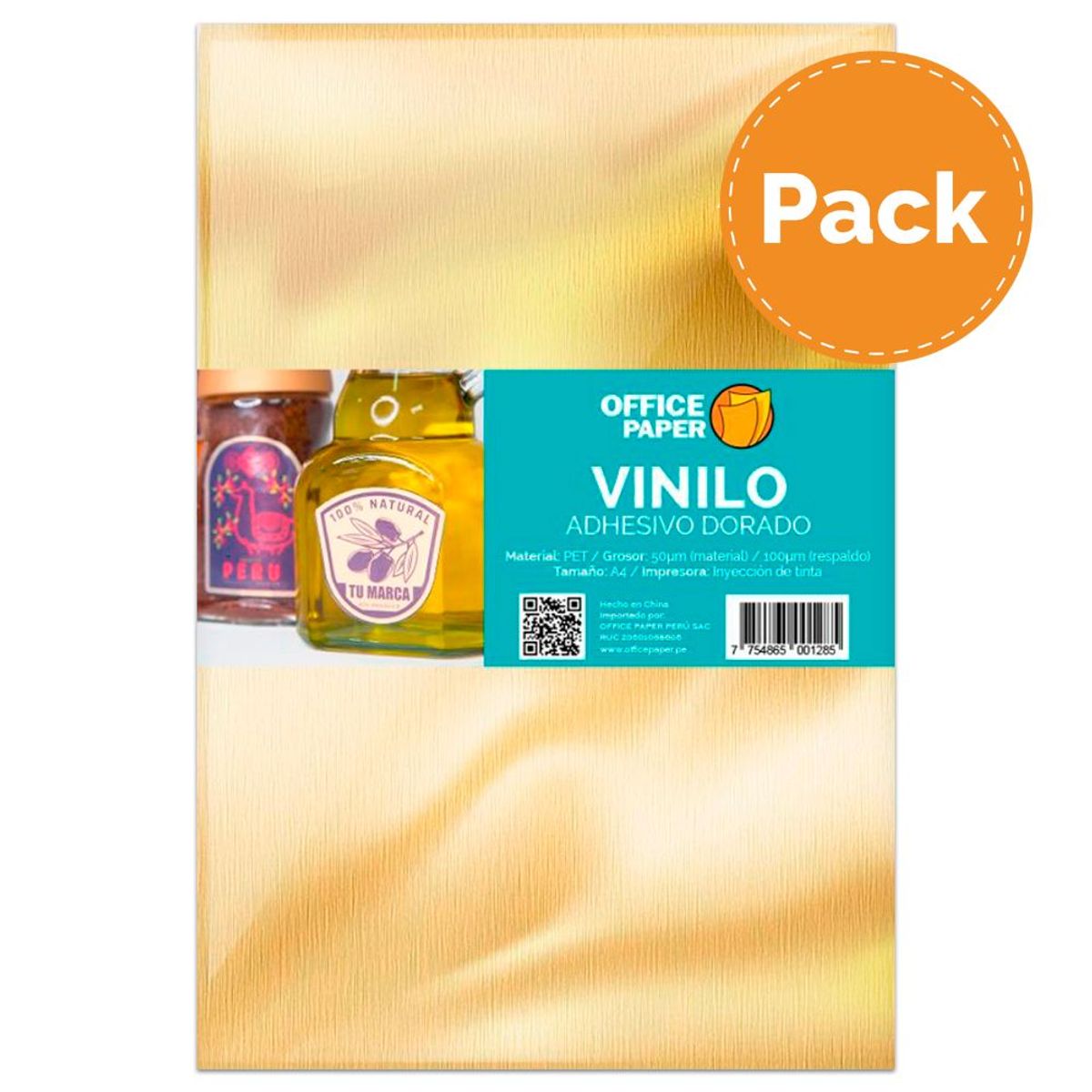 OFFICE PAPER - Vinilo Adhesivo Dorado por 05 Hojas A4 Pack x4