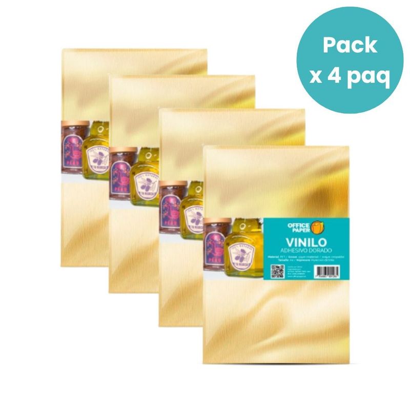 OFFICE PAPER - Pack Vinilo Adhesivo Dorado por 05 Hojas A4 x4 Paquetes