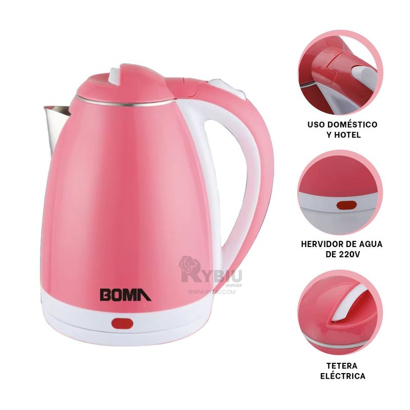 RYBIU IMPORT - Tetera Electrica de 2L en Rosado Y+Regalo Stickers