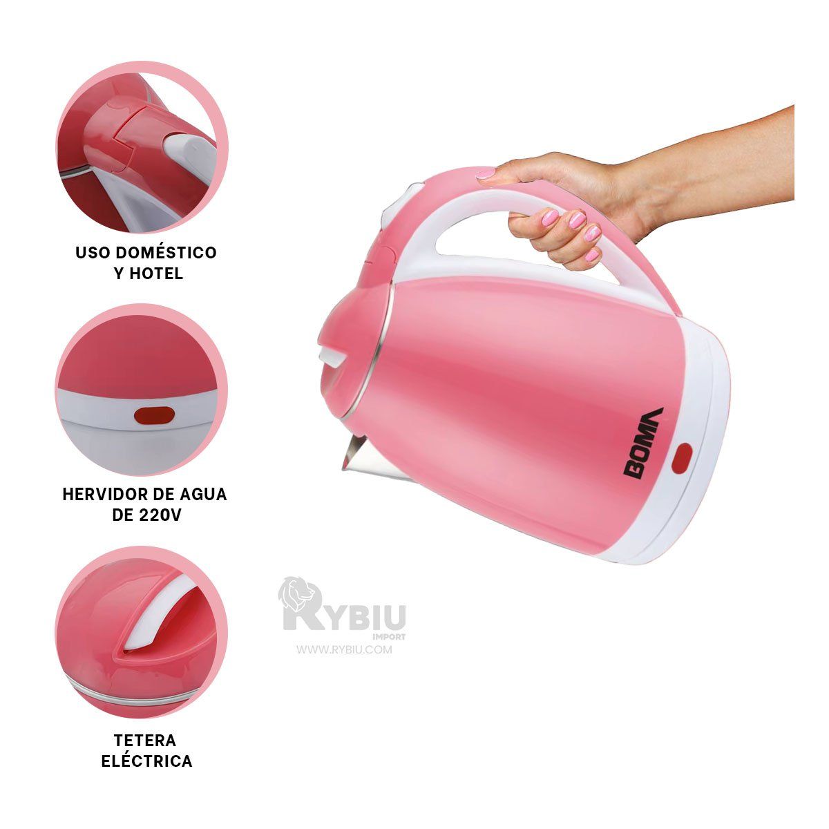 RYBIU IMPORT - Hervidor Duradero de 2L en Color Rosado Y+Regalo Stickers