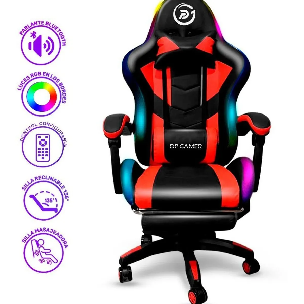 SM - Silla Gamer DP PRO-LB luz RGB Bluetooth Masajeador Color Rojo-Negro