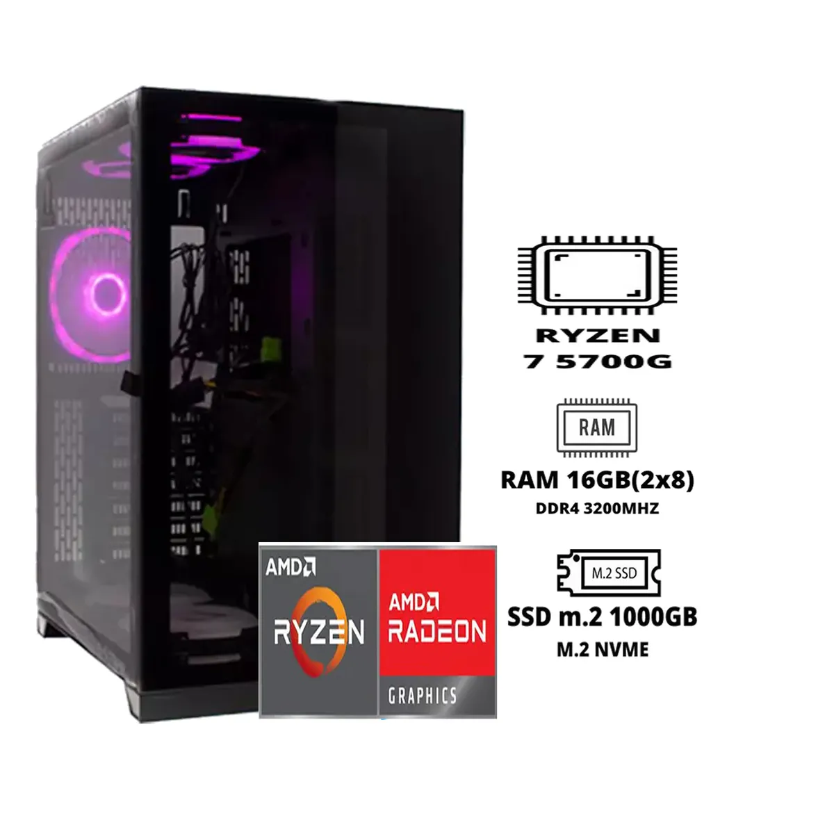 HALION - PC GAMER RYZEN 7 5700G  16GB RAM DUAL 1TB SSD M.2  CASE FUENTE 600W GAMER