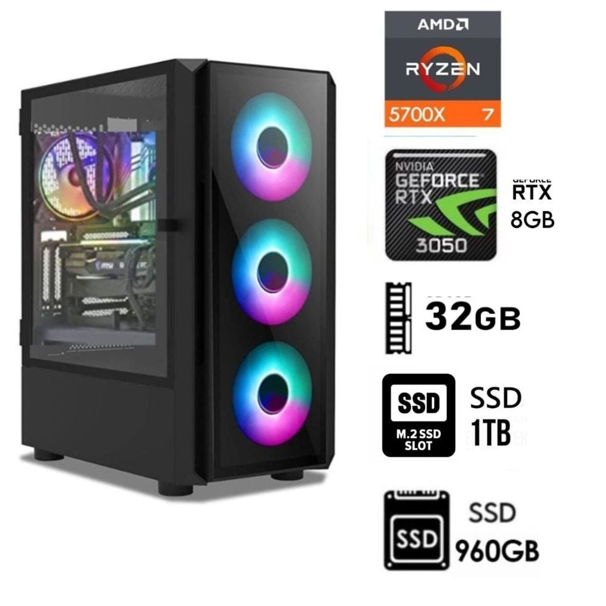 AMD - Computadora PC Gamer RYZEN 7 5700x  Ram32GB SSD-M2 1TB+SSD 960GB  RTX 3050 8GB