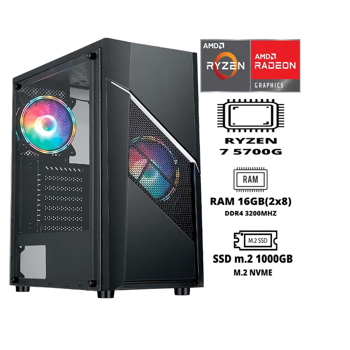 HALION - PC GAMER RYZEN 7 5700G  16GB RAM DUAL 1TB SSD M.2  CASE FUENTE 600W GAMER