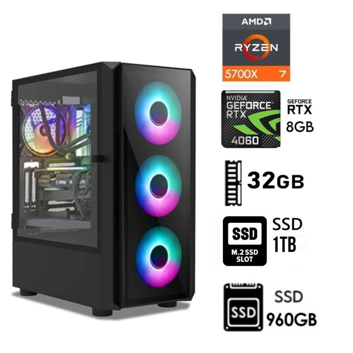 AMD - Computadora PC Gamer RYZEN 7 5700x  Ram32GB SSD-M2 1TB+SSD 960GB  RTX 4060 8GB