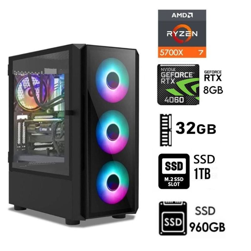 AMD - Computadora PC Gamer RYZEN 7 5700x  Ram32GB SSD-M2 1TB+SSD 960GB  RTX 4060 8GB
