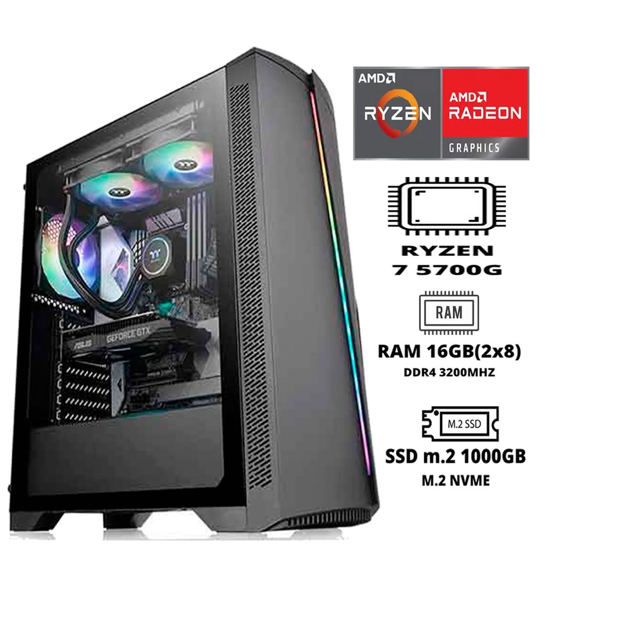 THERMALTAKE - PC GAMER RYZEN 7 5700G  16GB RAM DUAL 1TB SSD M.2  CASE FUENTE 600W GAMER