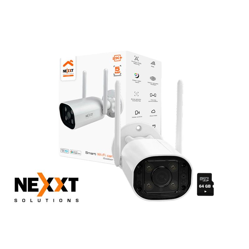 NEXXT SOLUTIONS - Cámara Inalámbrica Nexxt NHC-OF10 5MP 2k+ Sirena Luz Reflector IP65 + SD 64GB