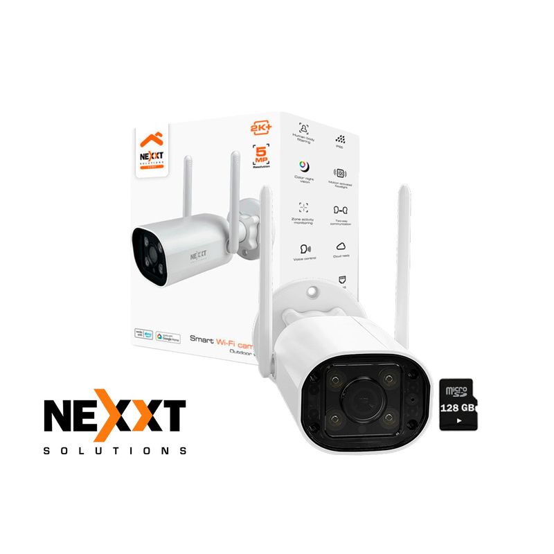 NEXXT SOLUTIONS - Cámara Inalámbrica Nexxt NHC-OF10 5MP 2k+ Sirena Luz Reflector IP65 + SD 128GB