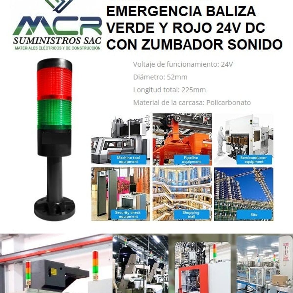 GENERICO - TORRE LUZ DE EMERGENCIA BALIZA VERDE Y ROJO 24VDC CON ZUMBADOR SONIDO