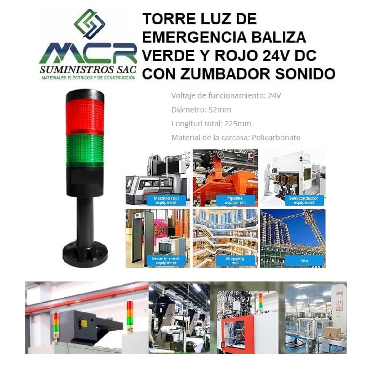 GENERICO - TORRE LUZ DE EMERGENCIA BALIZA VERDE Y ROJO 24VDC CON ZUMBADOR SONIDO