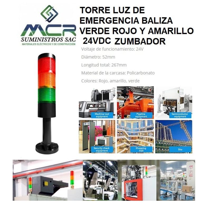 GENERICO - TORRE LUZ DE EMERGENCIA BALIZA VERDE ROJO Y AMARILLO 24VDC ZUMBADOR