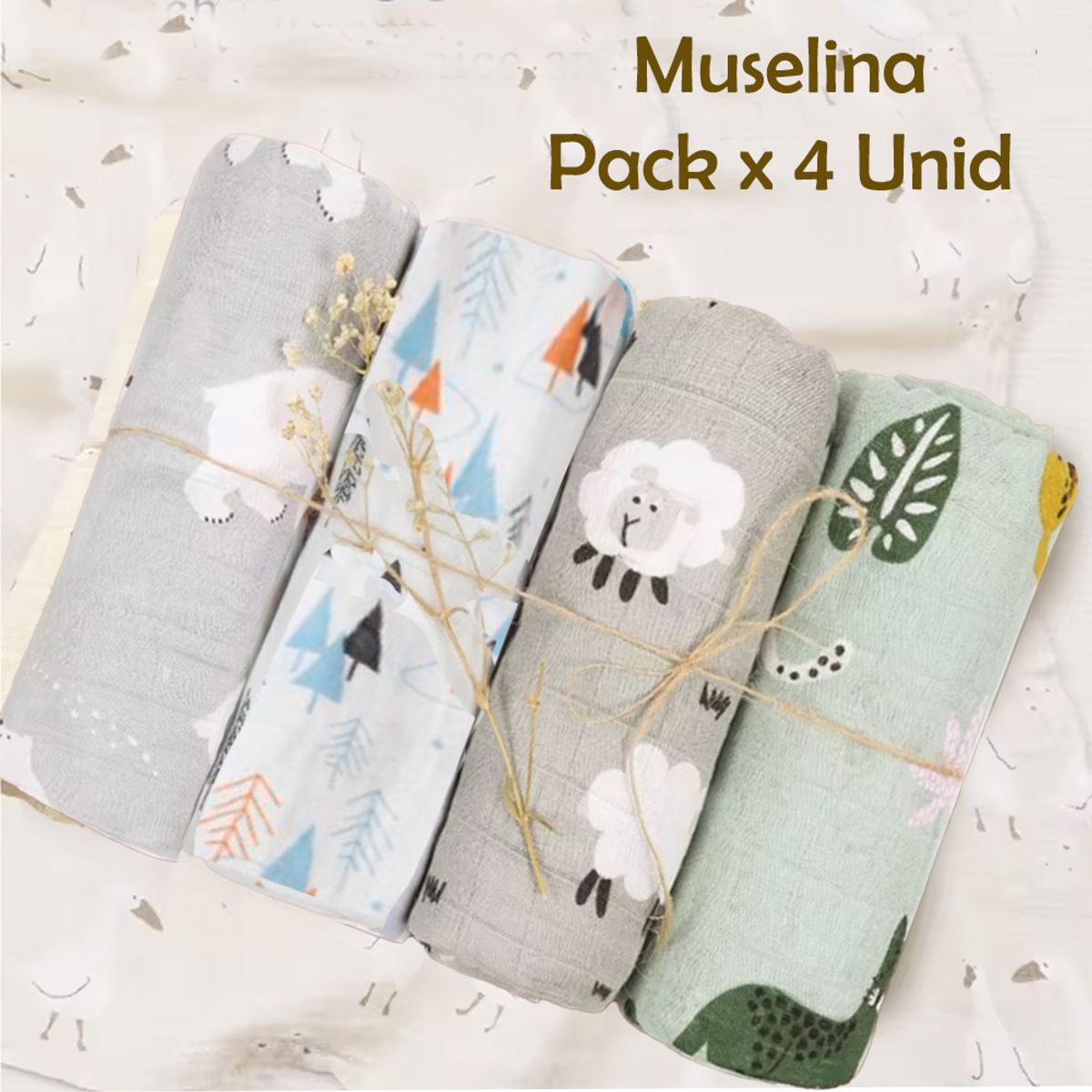 GENERICO - Manta Muselina para Bebé Bambú y Algodón Pack x  4 Unidades