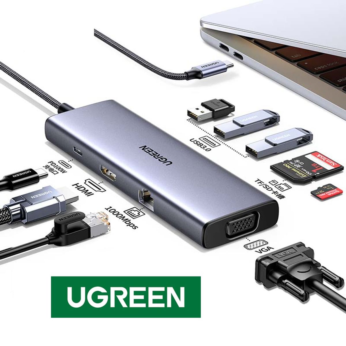 UGREEN - Adaptador Tipo C 9 en 1 Multiport Hub Estacion Lan Hdmi 4k UGREEN 100W