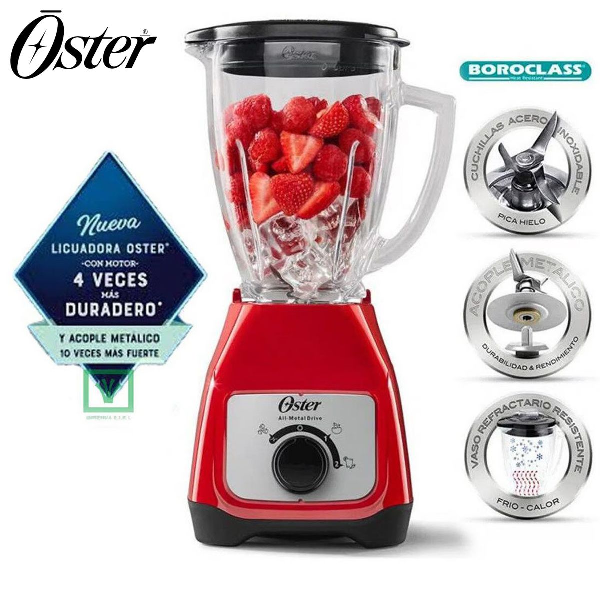 OSTER - Licuadora Oster con vaso de vidrio y perilla BLSTKAGRRD 053 Rojo