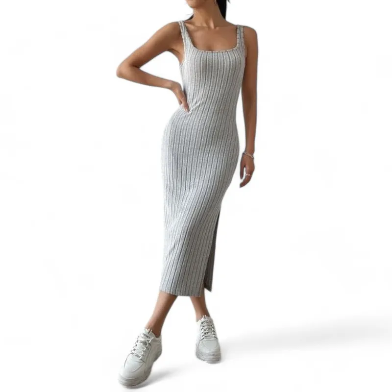 GENERICO - Vestido Acanalado Manga Cero Sab-20 Color Plomo