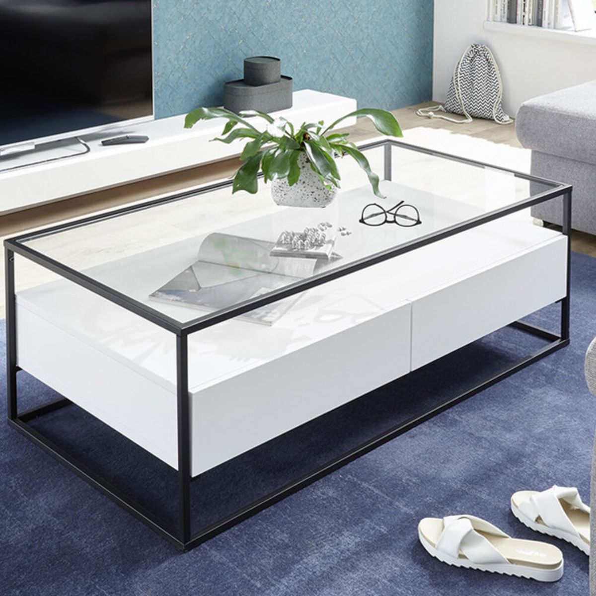 TU MESITA - Mesa de Centro tipo Industrial Bénfica con vidrio Color Blanco