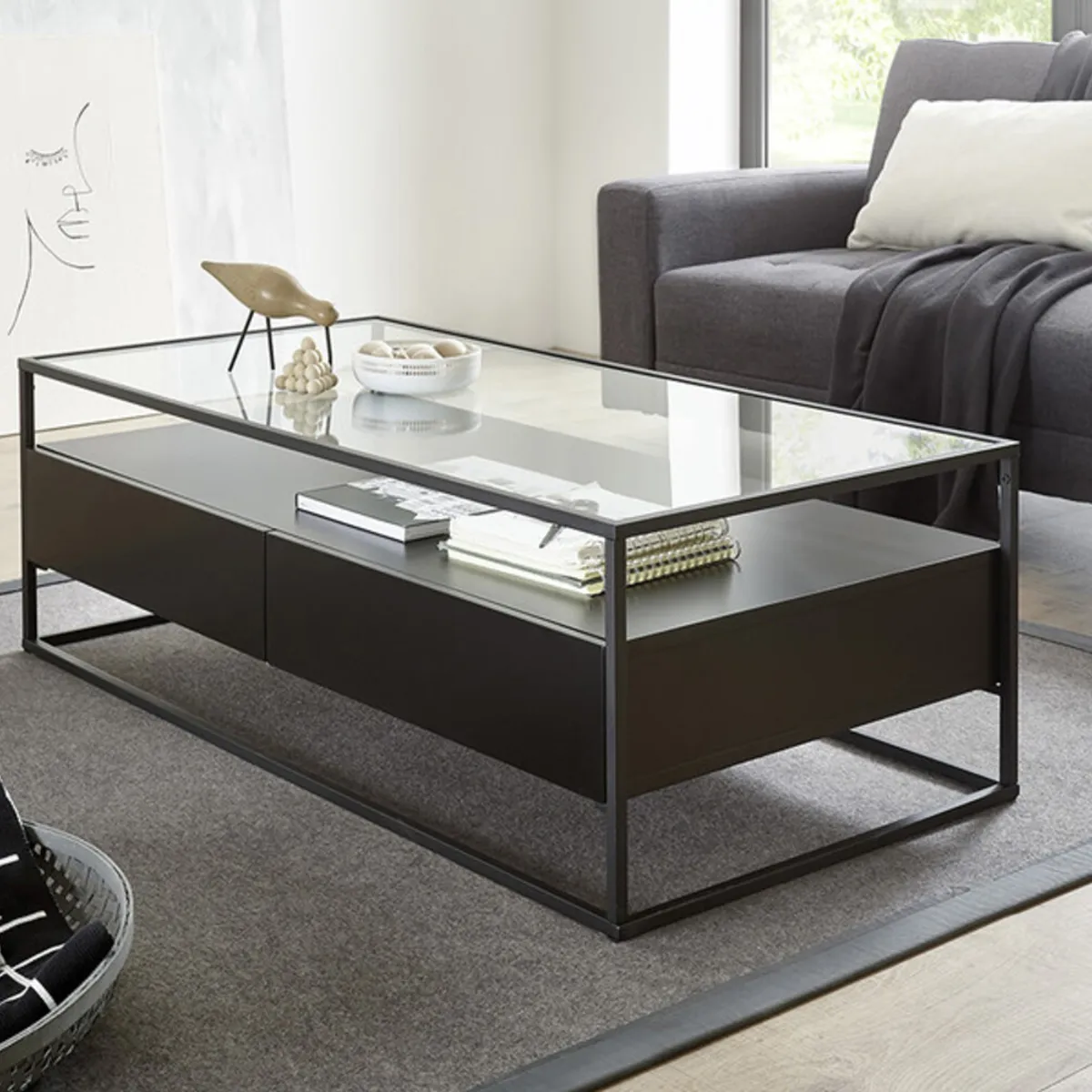 TU MESITA - Mesa de Centro tipo Industrial Bénfica con vidrio Color Negro