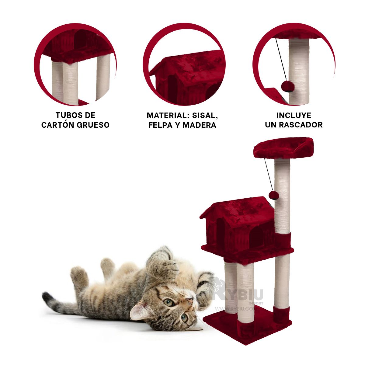 GENERICO - Rascador Casa de 3 Pisos para Gatos en Rojo Y+Gift Stickers