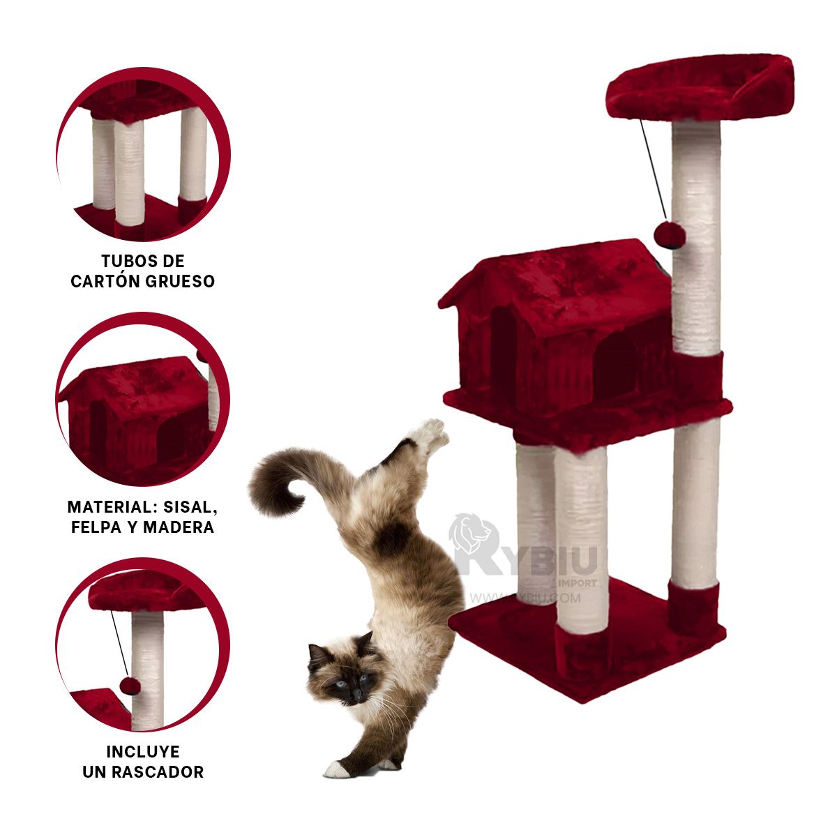 GENERICO - Rascador Casa de 3 Pisos para Gatos en Rojo Y+Gift Stickers
