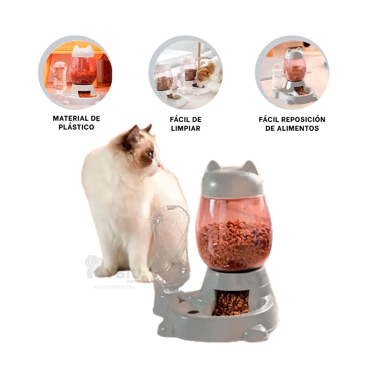 RYBIU IMPORT - Plato Automatico para Gatos Gris Y+Envoltorio de Regalo