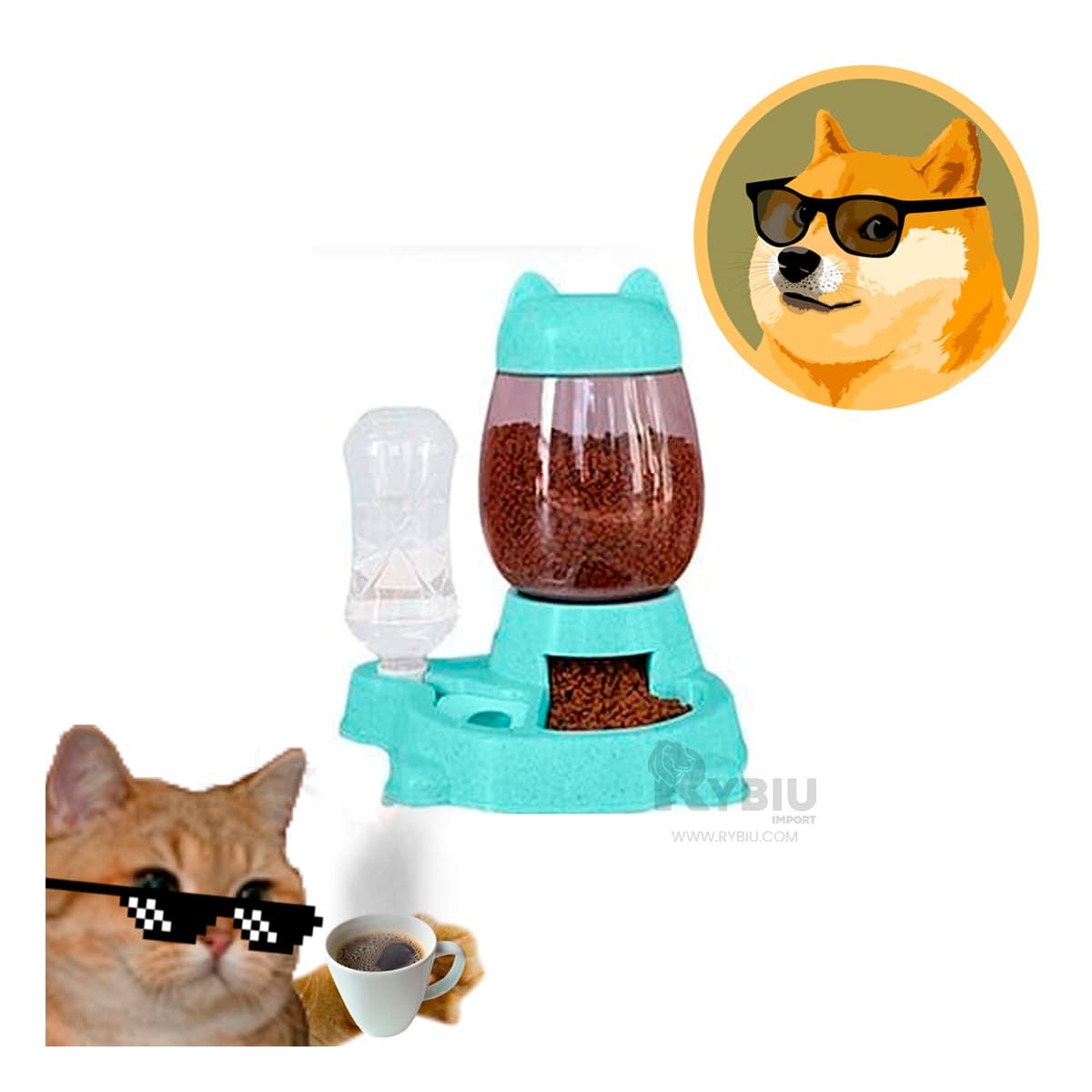 RYBIU IMPORT - Plato Automatico para Gatos Celeste Y+Envoltorio de Regalo
