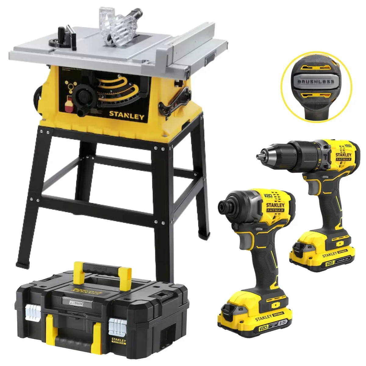 STANLEY - Sierra de mesa 1800 W, taladro percutor, atornillador de impacto, 20V