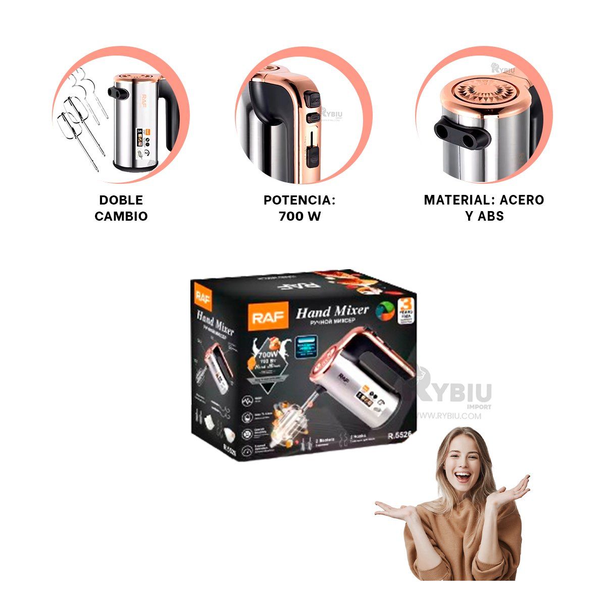 RYBIU IMPORT - Batidora con Motor Silencioso en Plateado Y+Papel de Regalo