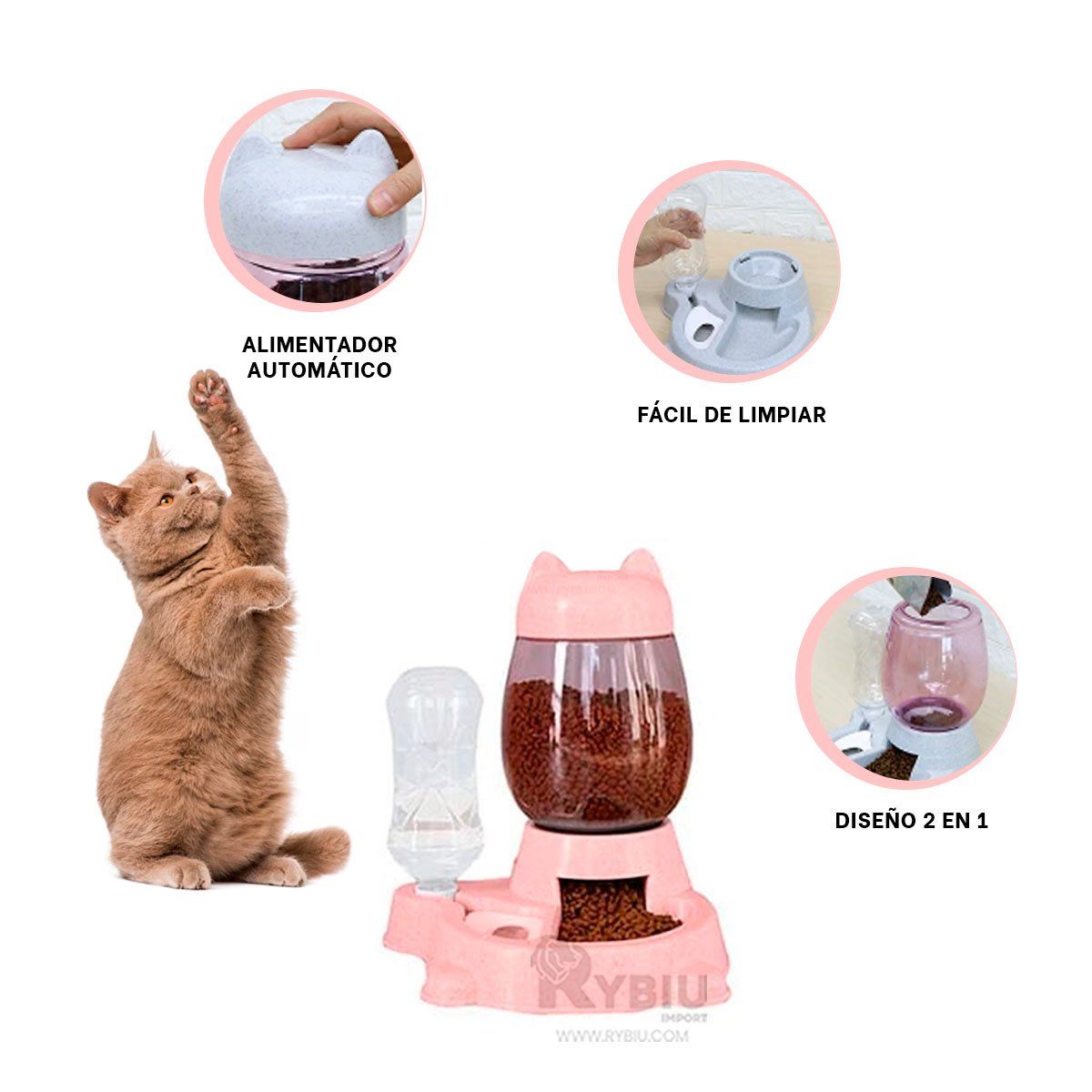 GENERICO - Plato Elegante con Bebedero en Tono Rosado Y+Stickers