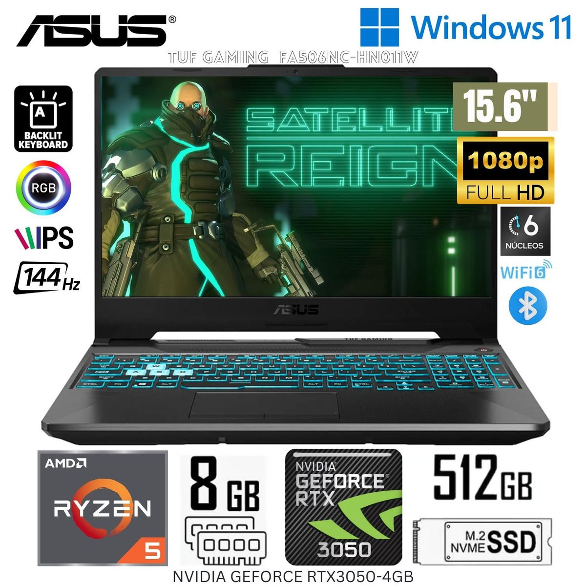 ASUS - Laptop Asus TUF GAMING FA506NC-HN011W AMD Ryzen5-7535HS RAM 8GB SSD 512GB 15.6"  FHD RTX3050-4GB