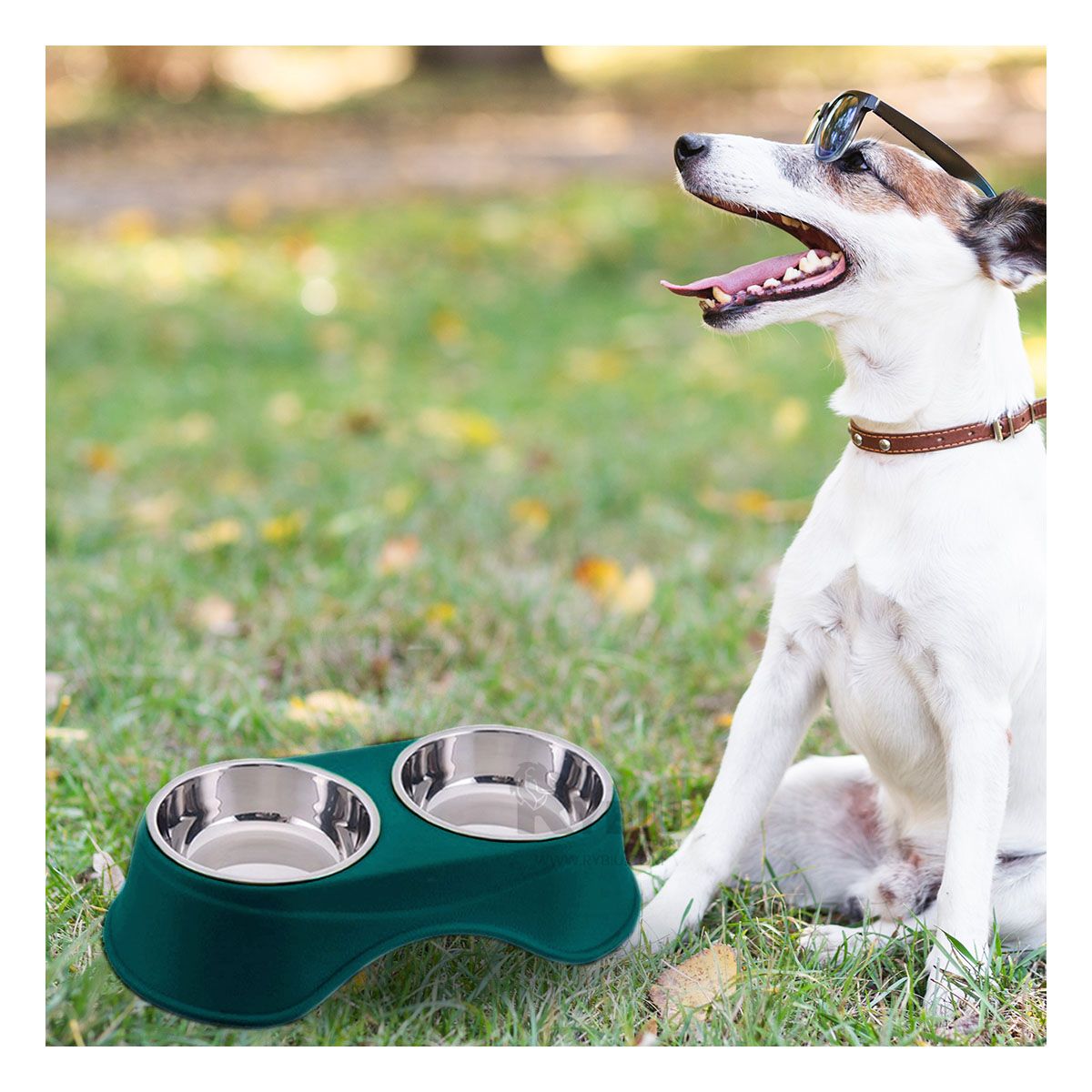 RYBIU IMPORT - Comedero Alto Doble con Platos de Acero Verde Oscuro