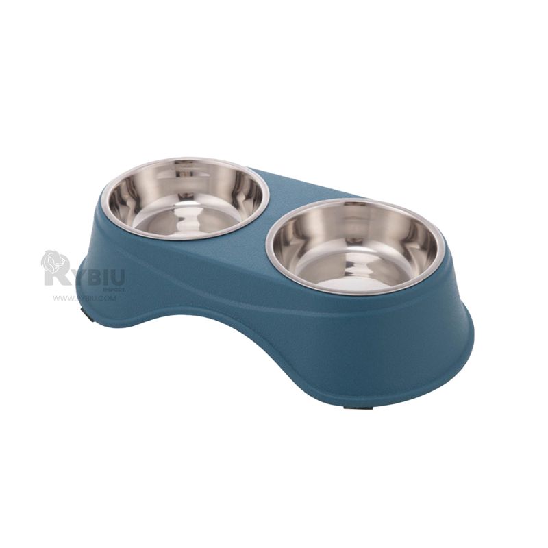 RYBIU IMPORT - Comedero Alto Doble con Platos de Acero Azul Oscuro