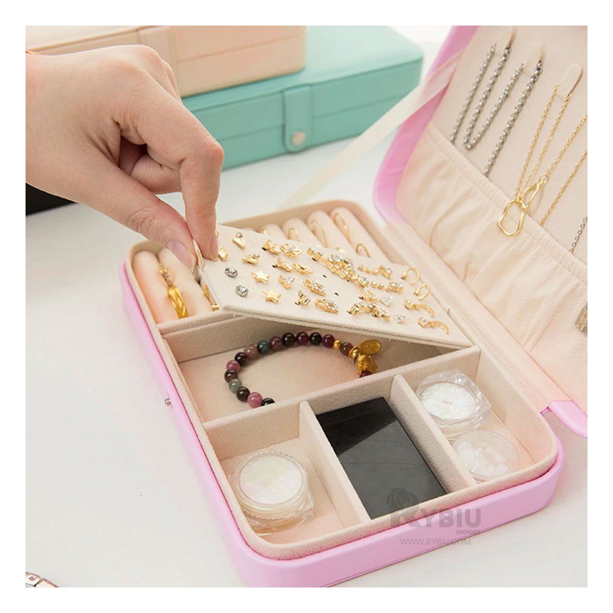 GENERICO - Joyero Modelo Organizador en Color Rosado Y+Papel de Regalo
