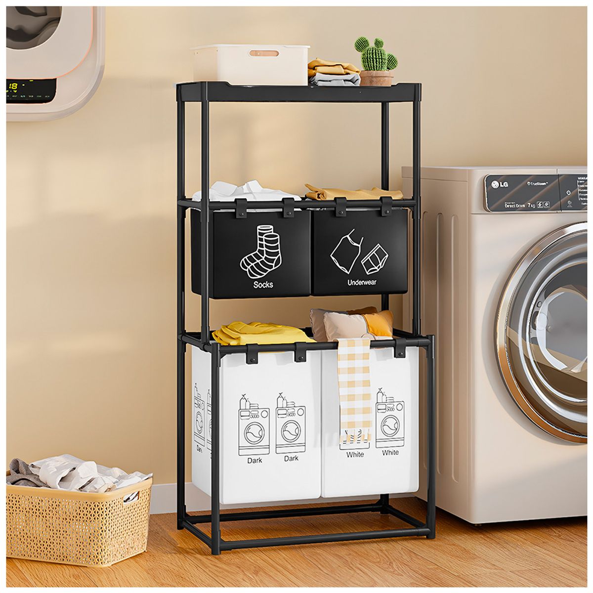 KELLER - Cesto de Ropa 3 Niveles 4 Secciones con Repisa Negro FG7