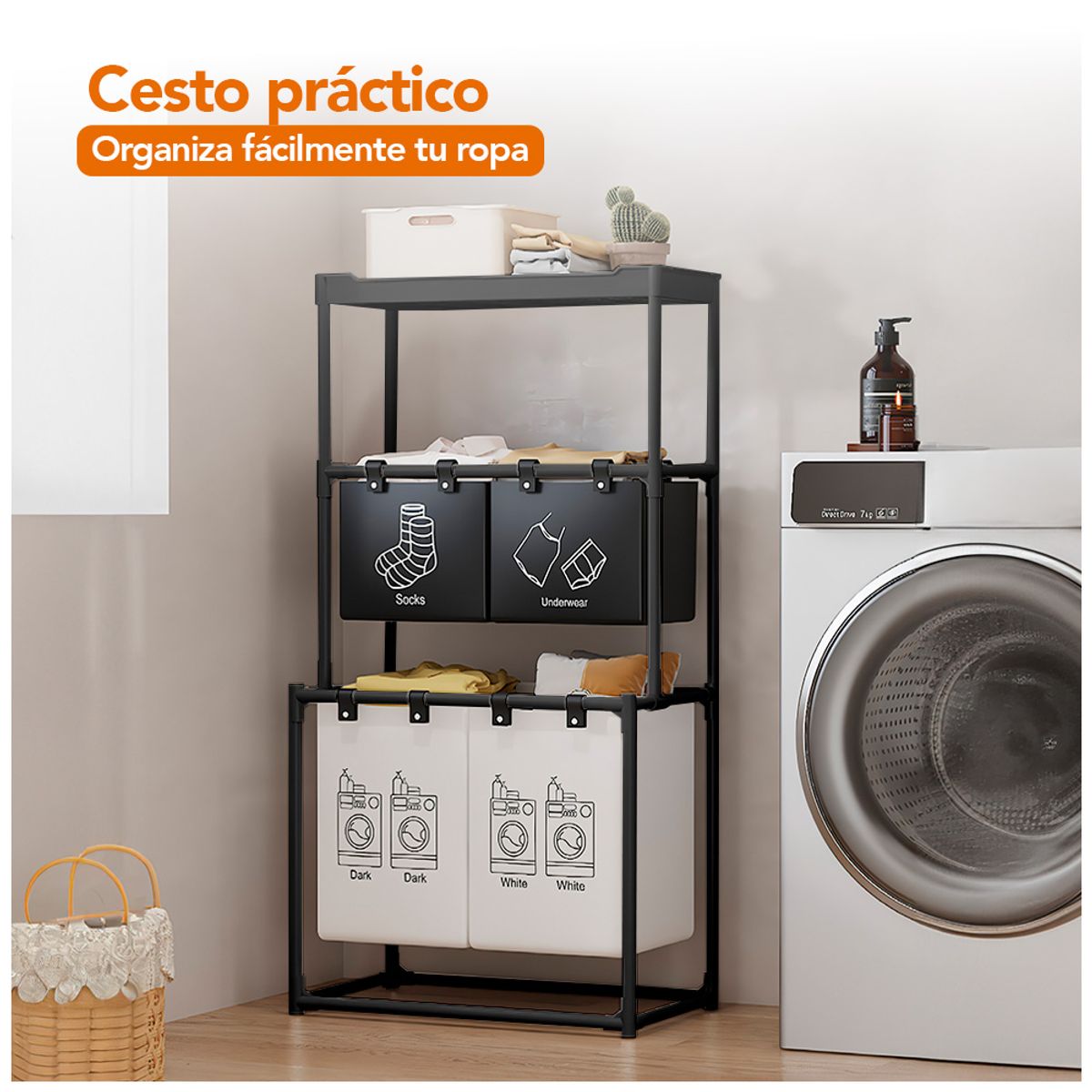 KELLER - Cesto de Ropa 3 Niveles 4 Secciones con Repisa Negro FG7