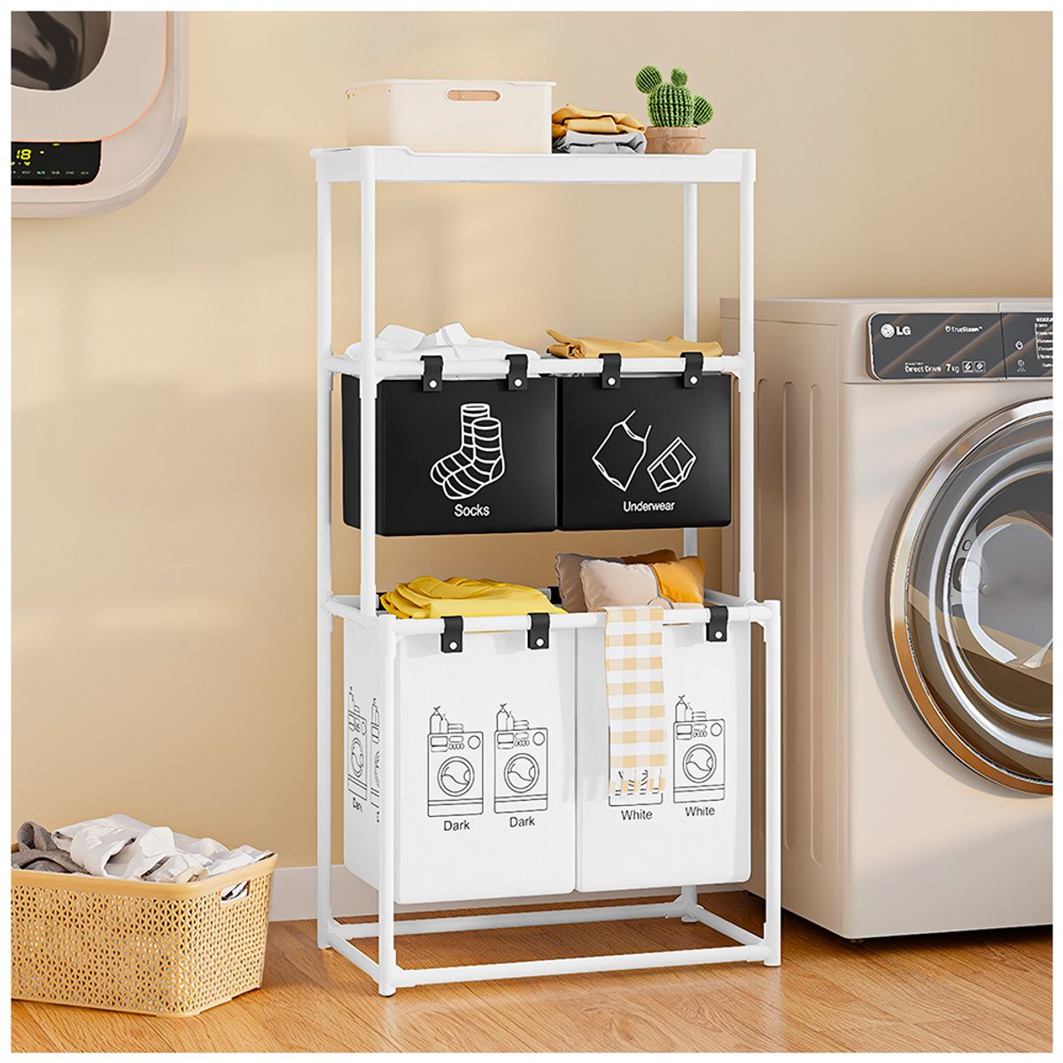 KELLER - Cesto de Ropa 3 Niveles 4 Secciones con Repisa Blanco FG7