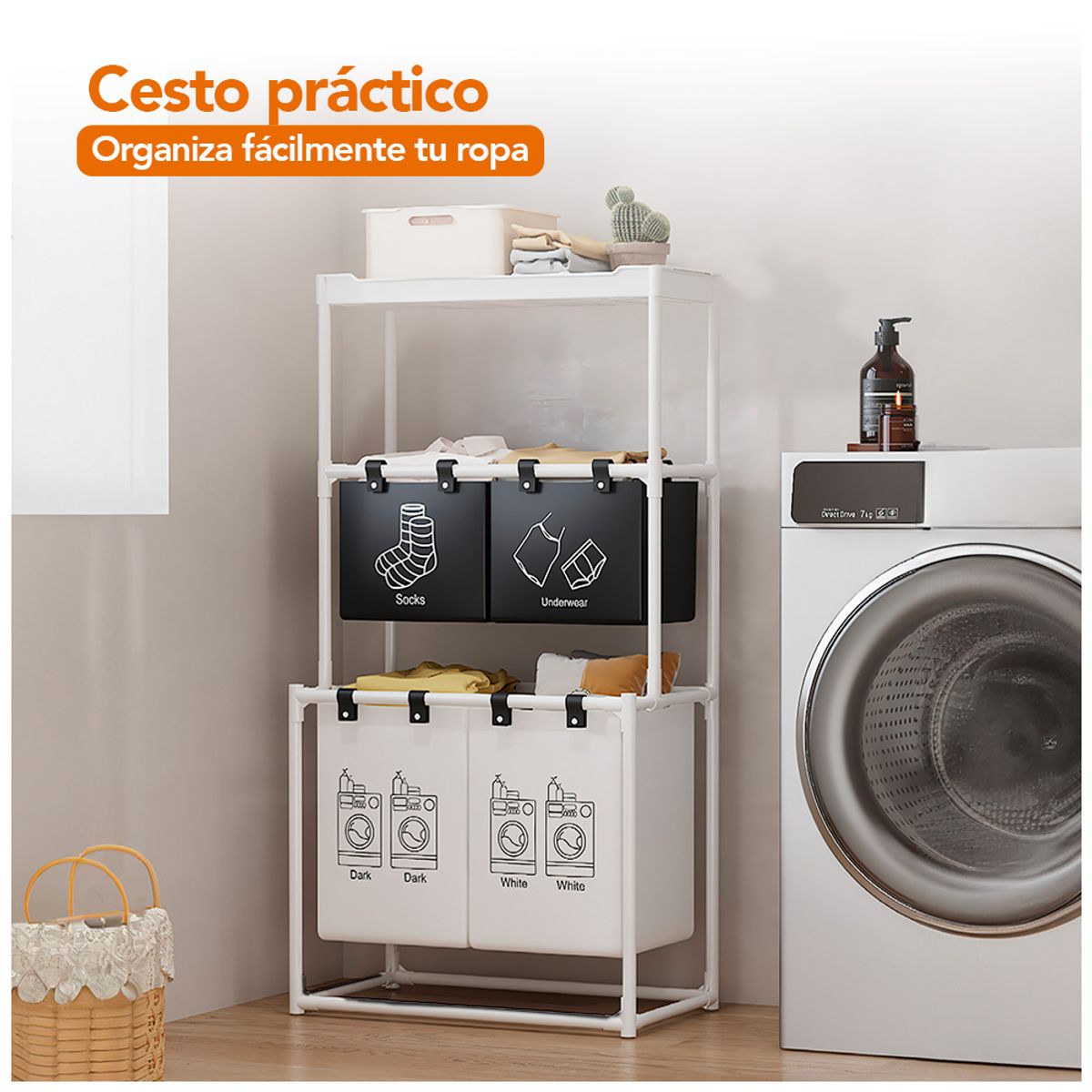 KELLER - Cesto de Ropa 3 Niveles 4 Secciones con Repisa Blanco FG7