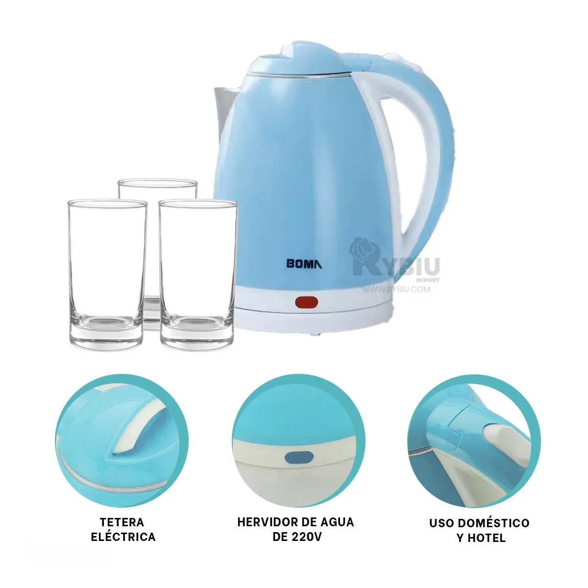 GENERICO - Tetera de Gran Potencia de 2L en Celeste Y+Gift Stickers