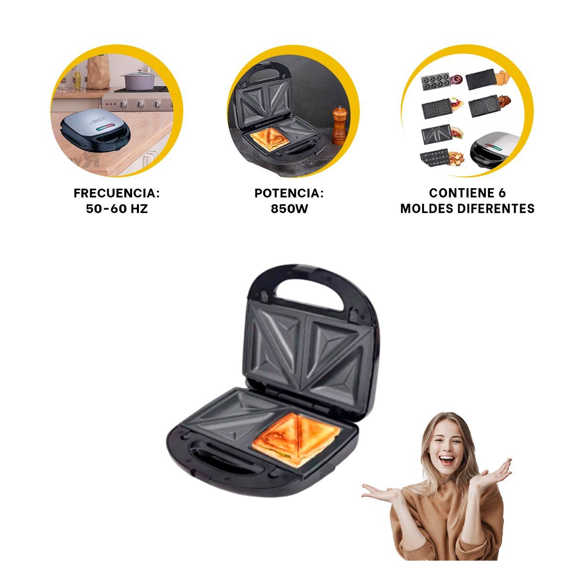 GENERICO - Sanguchera Moderna 6 en 1 en Color Negro Y+Post-it Adhesivos