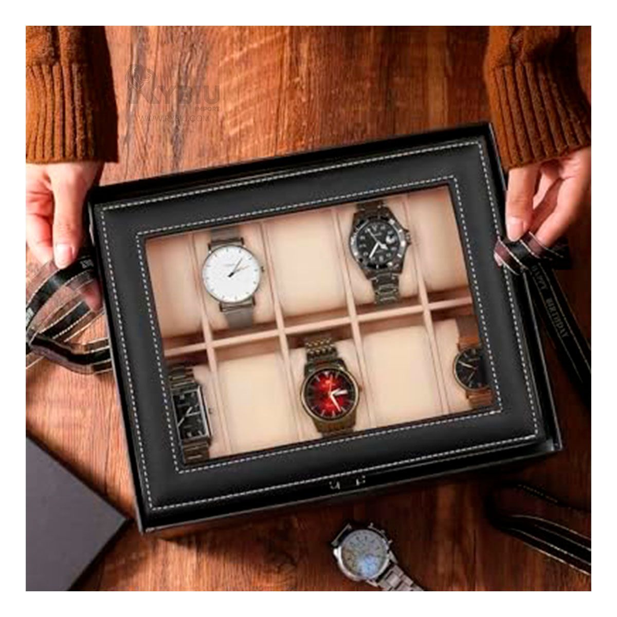 GENERICO - Organizador Porta Relojes de Cuero Sintetico en Color Negro