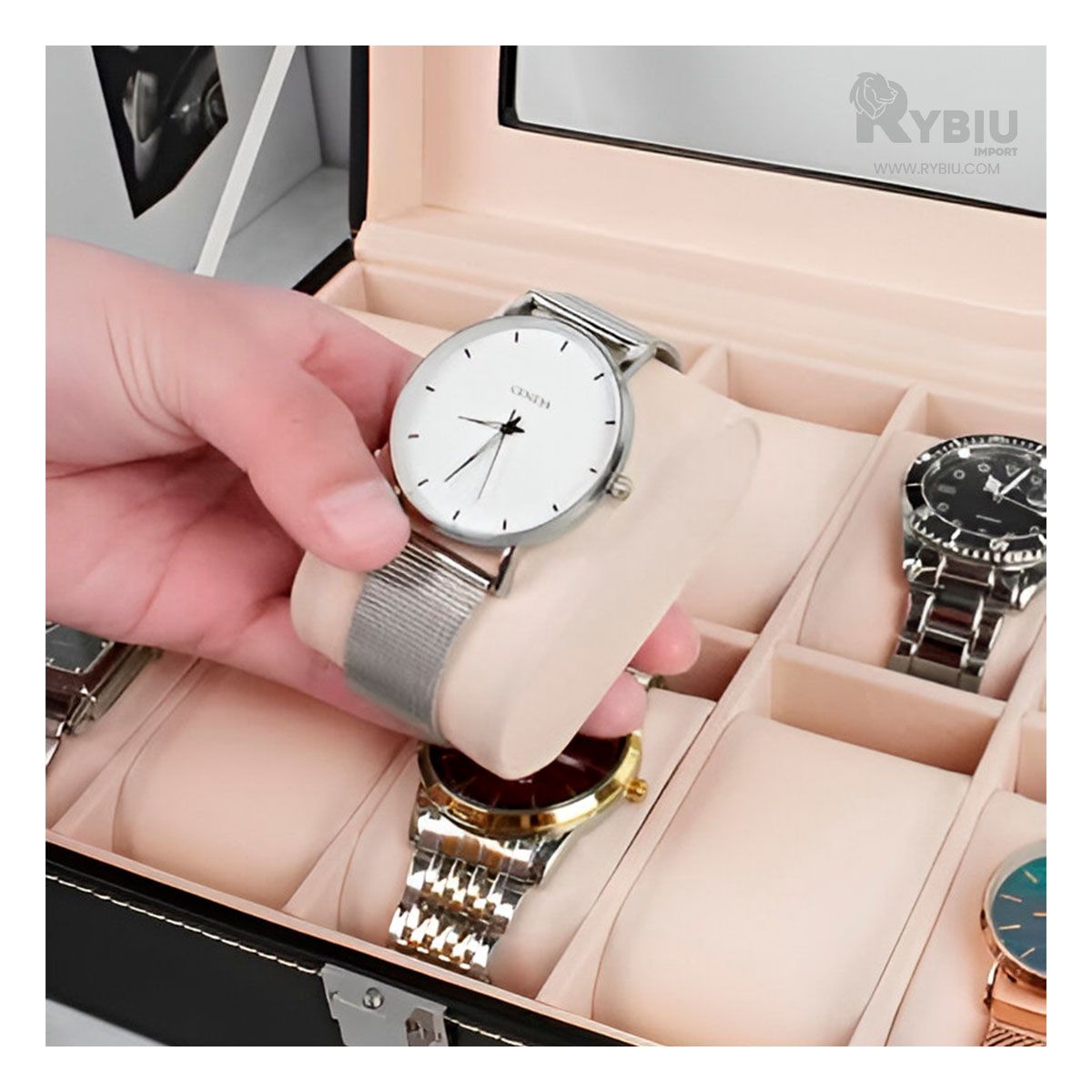 GENERICO - Organizador Porta Relojes de Cuero Sintetico en Color Negro