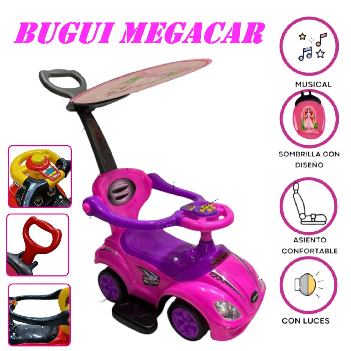 GENERICO - Buggie Empujador 3 en 1 Megacar Musical y Luces - Rosa