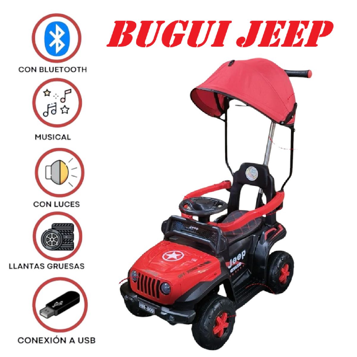 GENERICO - Nuevo Bugui Jeep Musical Bluetooth -Rojo