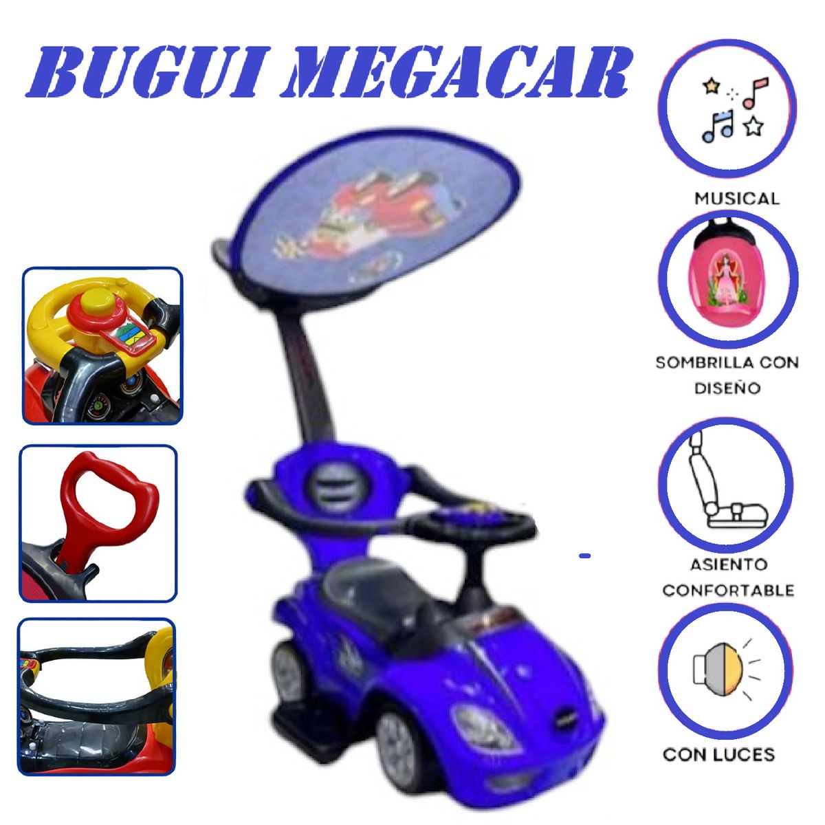 GENERICO - Buggie Empujador 3 en 1 Megacar Musical y Luces - Azul
