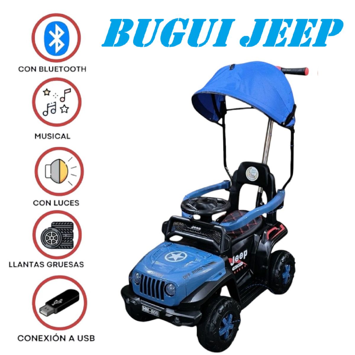 GENERICO - Nuevo Bugui Jeep Musical Bluetooth -Azul