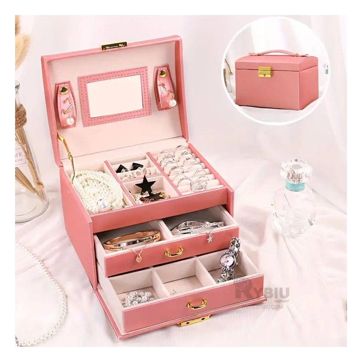 GENERICO - Guardajoyas Espacioso de Color Rosado Y+Gift Stickers