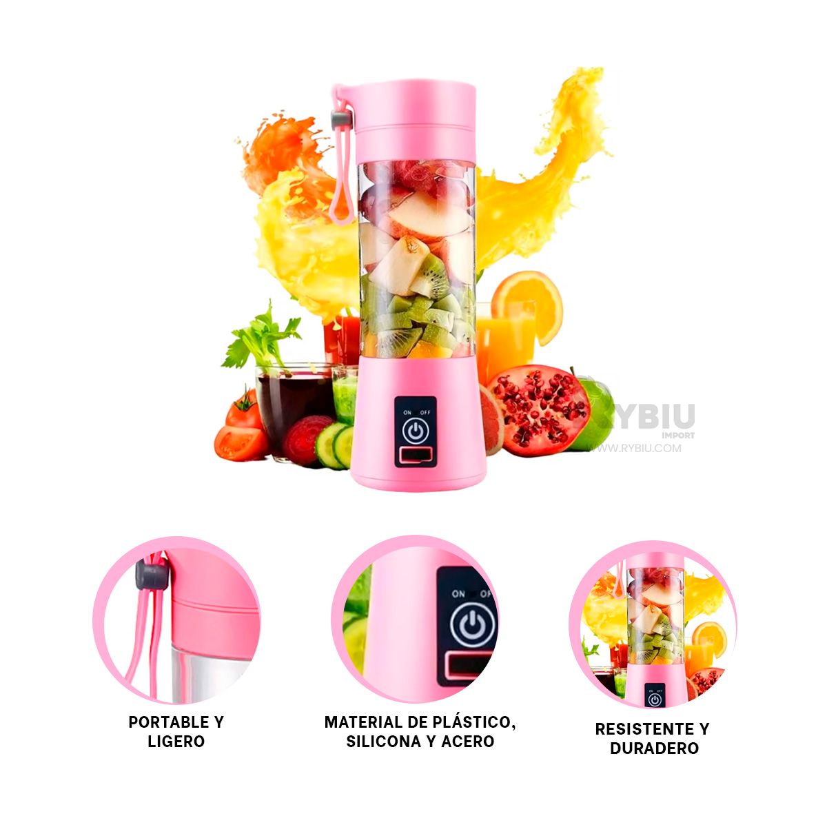 RYBIU IMPORT - Licuadora Ergonomica de Color Rosado Y+Papel de Regalo