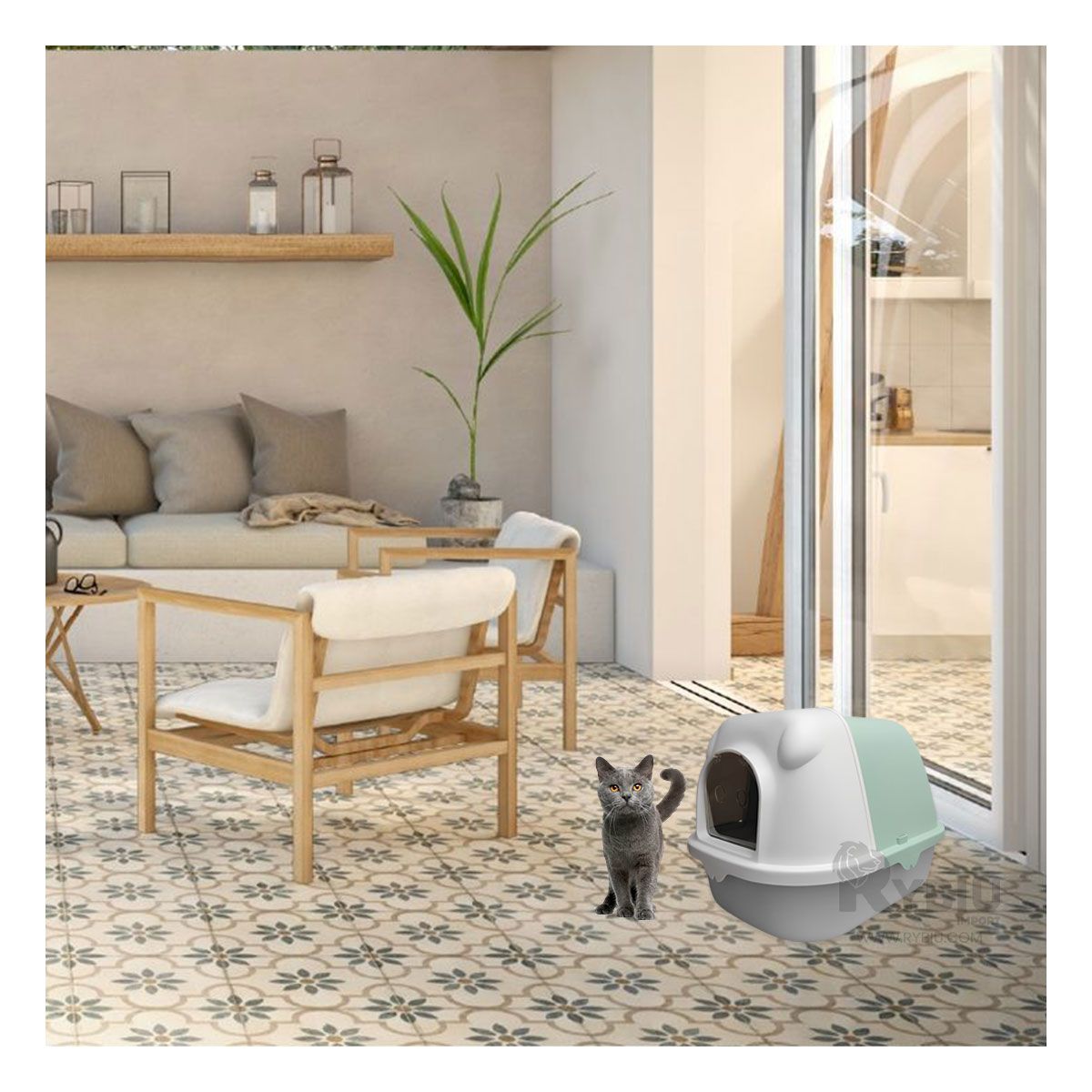 GENERICO - Arenero con Techo de Orejas Verde y Plomo Y+Papel de Regalo